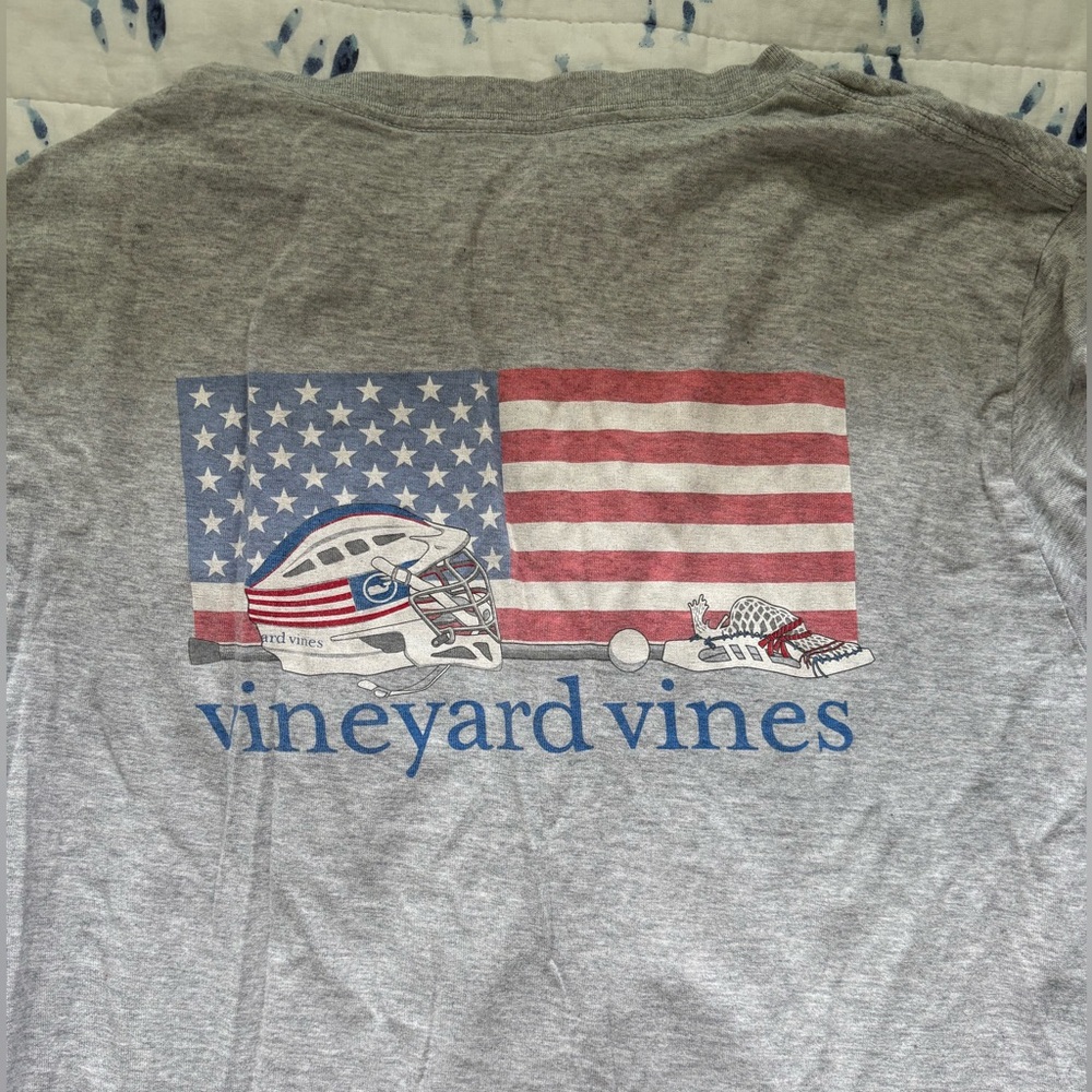 Vineyard Vines Gray Long Sleeve with American Flag and Lacrosse Graphic